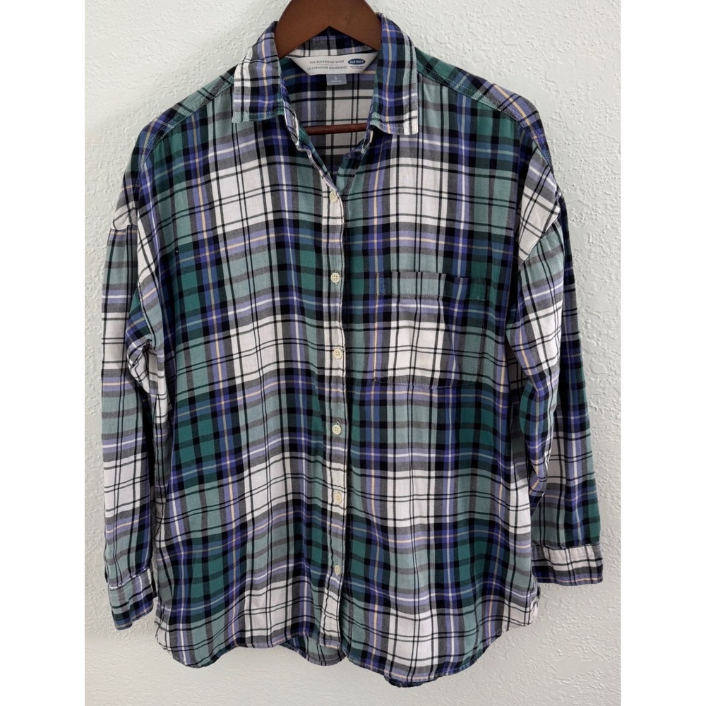 Old Navy The Boyfriend Shirt Womens Large Green Blue Plaid Flannel Button Down